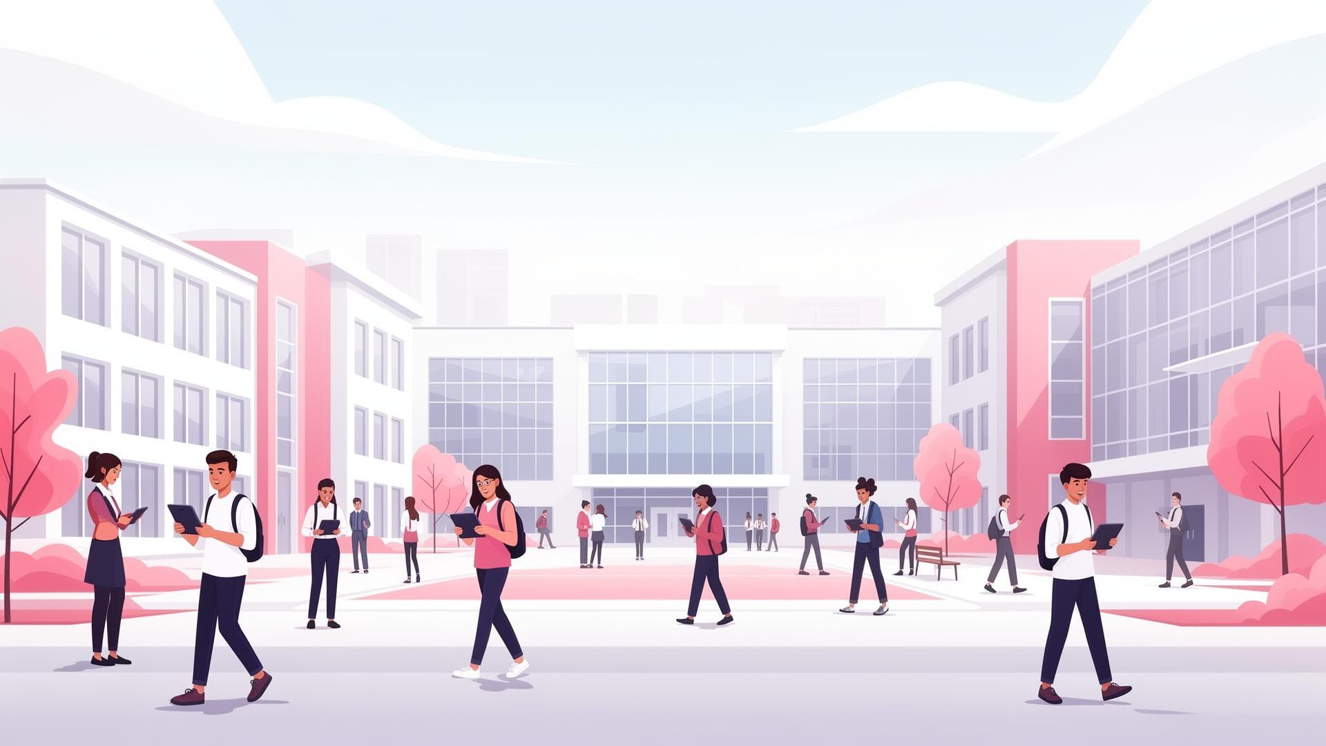Modern school campus with students using digital tools
